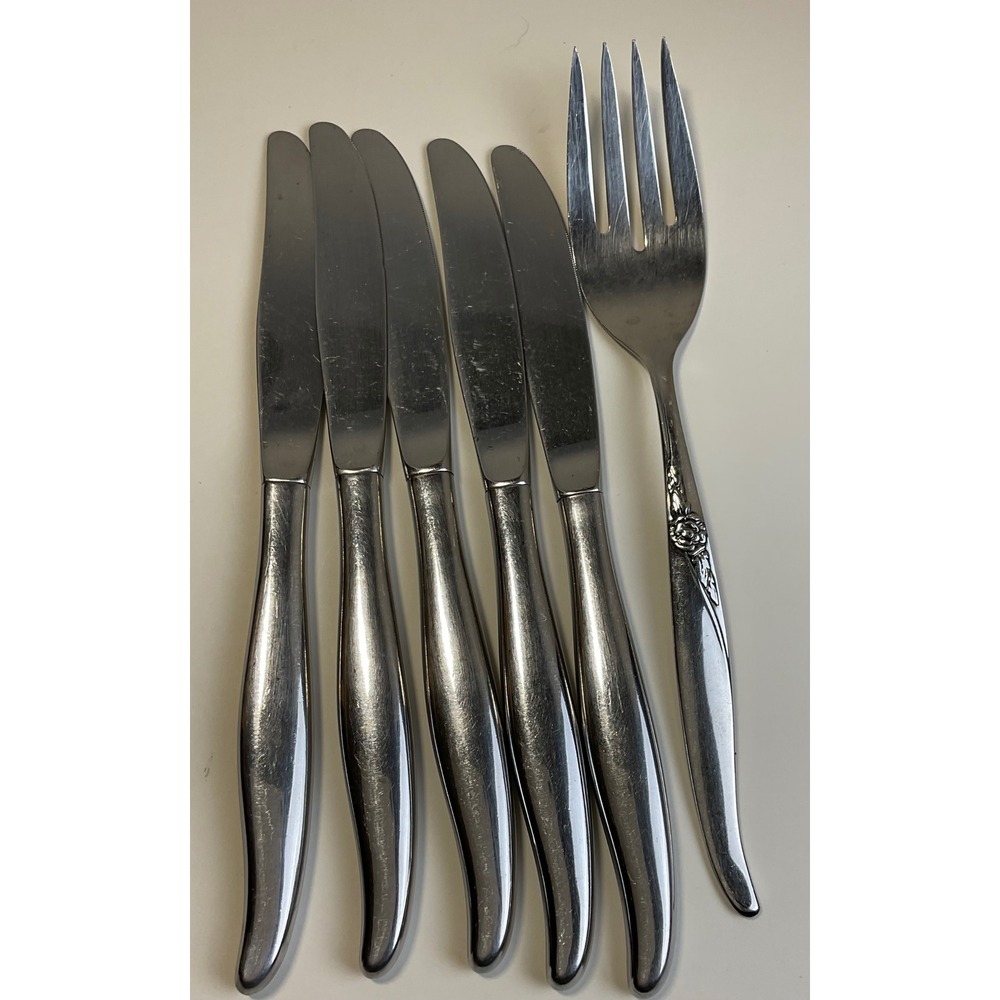 Oneida Wm A Rogers La Rose Stainless Flatware Set 5 Knives 1 Fork Vintage Floral